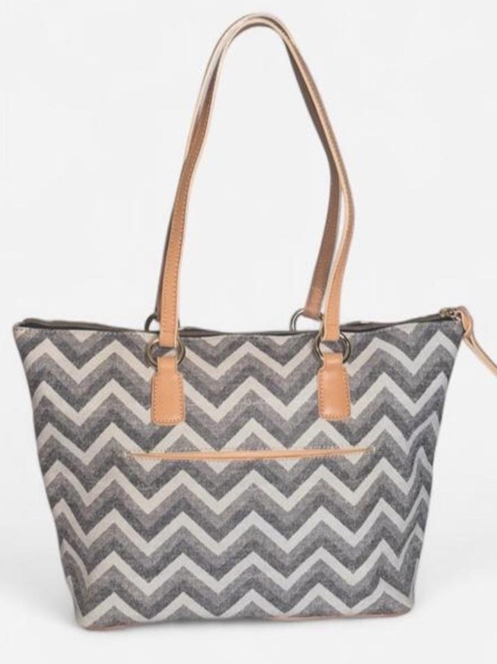 Dooney & Bourke Gray and White Chevron Tote with Tan Handles